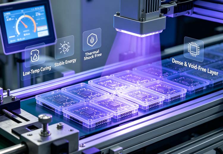 Low-Temperature UV Curing Process: Bubble-Free, Dense and Void-Free Adhesive Layer